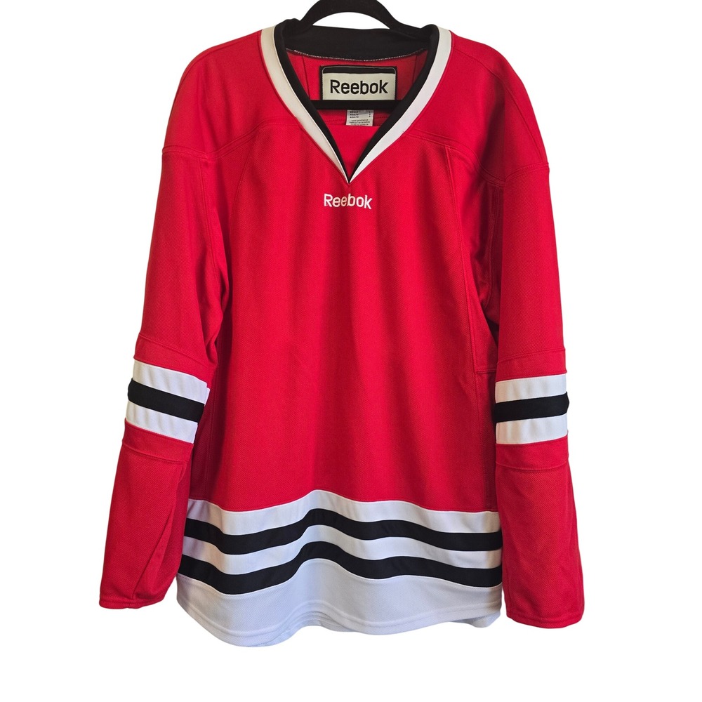 Reebok Mens Red Hockey Jersey Striped Long Sleeve V-Neck Mesh Size Large 5